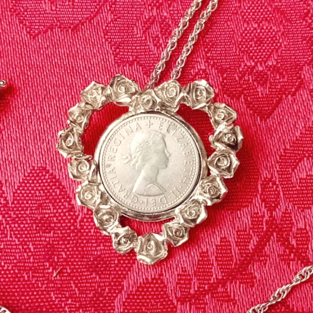 COPY - Vintage Elizabeth + Regina Six Pence Coin Necklace ~Great Britian Heart …